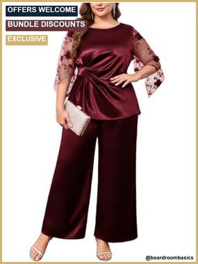 Plus Size 2 Piece Pant Suit Satin Formal Wedding Guest Pants Set